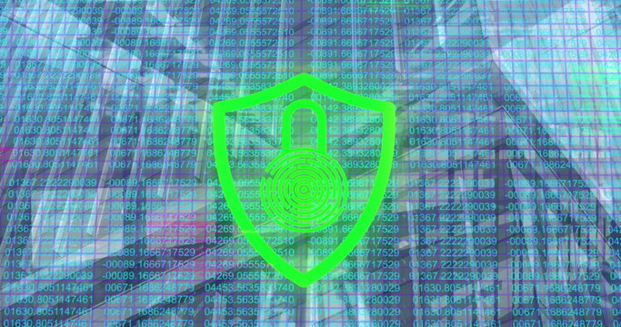 Image of padlock and data processing over cityscape and computer servers