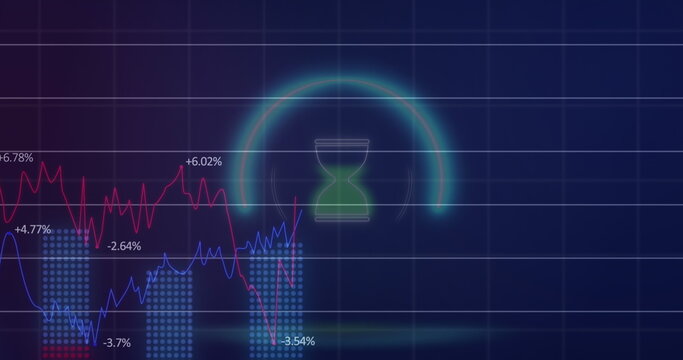 Image of neon circle with hourglass over digital screen with financial graphs
