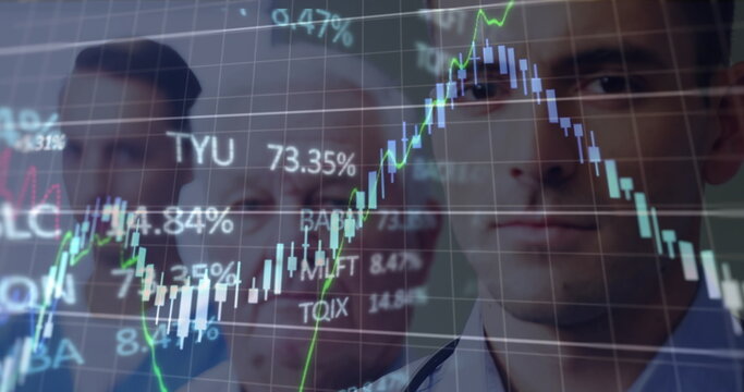 Image of financial graphs and data over caucasian male doctors looking at camera - Powered by Adobe