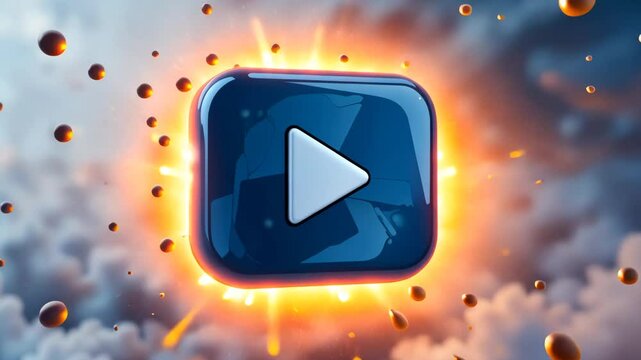 Glossy blue play button icon with fire and sparks around it on black background. Concept for digital media and action