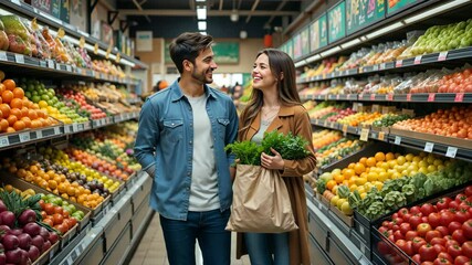 Happy couple shopping for fresh greens in grocery store, smiling and walking through colorful produce aisle. Everyday lifestyle concept - Powered by Adobe