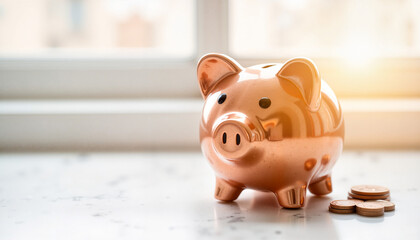 Piggy bank placed on a table with coins beside it in soft light  