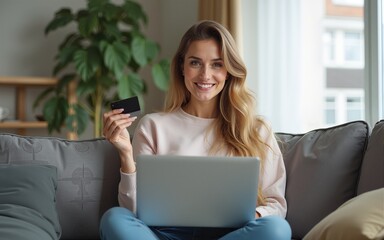 Naklejka premium A young White woman sitting on the sofa at home in a living room with a laptop on the lap and holding a credit card. Online shopping, payment, purchase, buy. E-commerce. High quality
