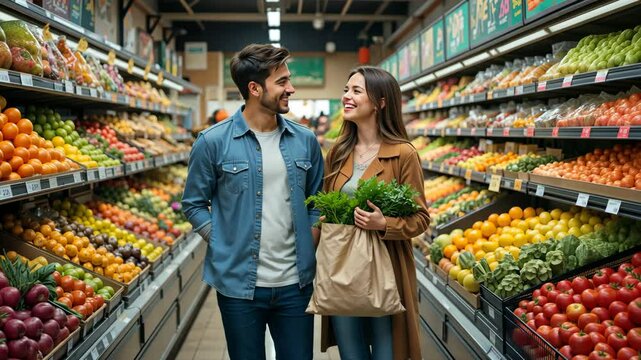 Happy couple shopping for fresh greens in grocery store, smiling and walking through colorful produce aisle. Everyday lifestyle concept