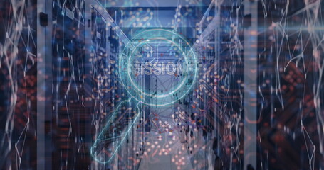 Image of mission text over reading glass and server room