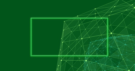 Floating neon green rectangular frame hovering in virtual green field, with network lines and nodes