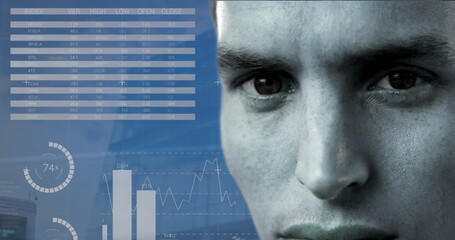 Image of statistics and financial data processing over caucasian man