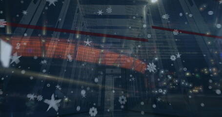 Image of star icons over computer server room against night city traffic