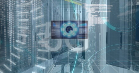 Image of scope scanning and data processing over diverse business people in server room