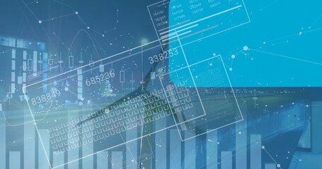 Image of financial data processing and statistics over wind turbine