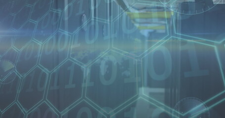 Obraz premium Image of binary coding, hexagons and data processing over computer servers in background