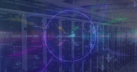 Standing central server racks with blinking LEDs, cable trays and digital overlays in data center