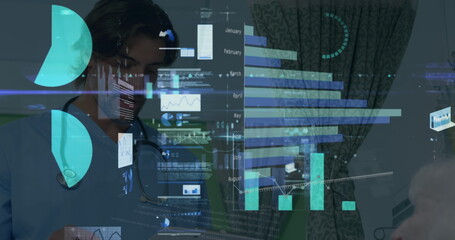 Consulting doctor wearing scrubs and stethoscope reviewing patient in clinic, with chart overlays