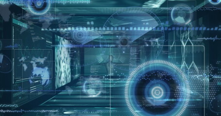 Image of robotic arm over data processing on black background