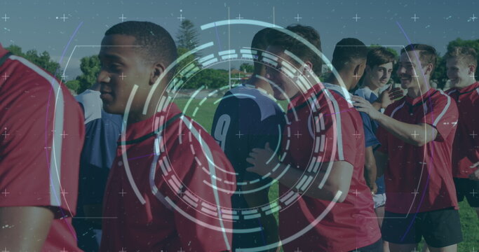 Image of scope and data processing over two teams of diverse male football players in field