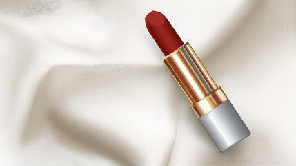 A lipstick promotional poster featuring a lipstick in a rich, true red shade. The packaging is highlighted by silver, gold, and white colors, exuding a sense of luxury