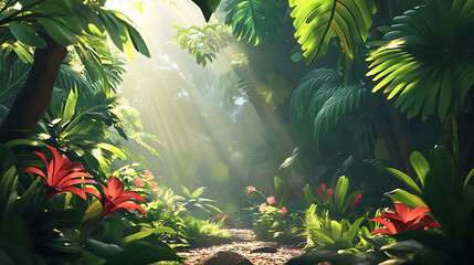 Lush rainforest with sunlight streaming through the leaves