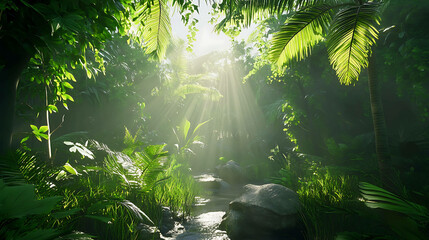 Lush rainforest with sunlight streaming through the leaves