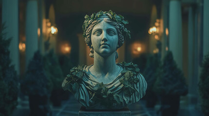 Marble sculpture of a goddess with intricate details, surrounded by ivy vines in a dimly lit museum hall