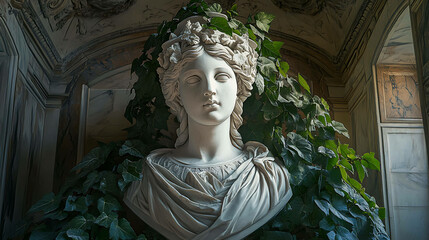 Marble sculpture of a goddess with intricate details, surrounded by ivy vines in a dimly lit museum hall