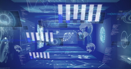 Image of financial data processing over business people walking in office