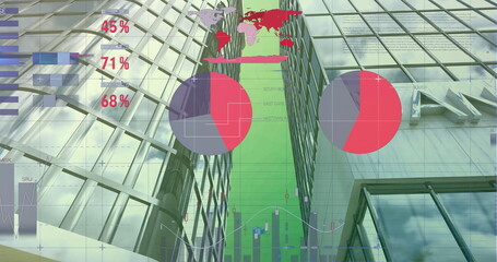 Image of statistical data processing against tall buildings