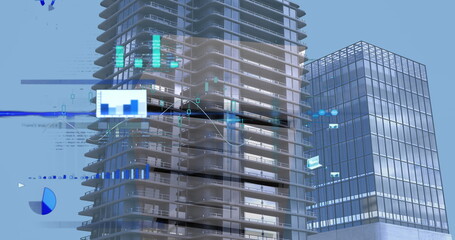 Image of statistical data processing against tall buildings