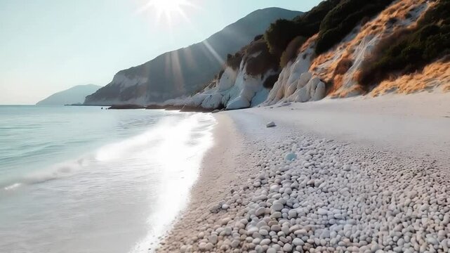 A serene beach scene on the Algerian coast, bright summer daytime, turquoise water, white pepples