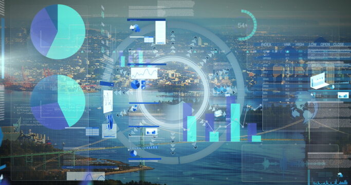 Image of data processing over cityscape