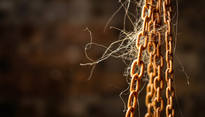 Rusty chains with cobwebs hanging in dimly lit environment  