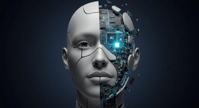 Human cyborg face half human half machine dark moody closeup