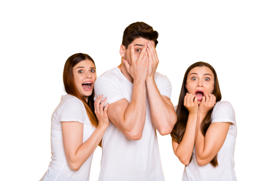 Portrait of three nice attractive nervous devastated frustrated person expressing fear sorrow disgust crying hiding shouting isolated over bright vivid shine yellow background