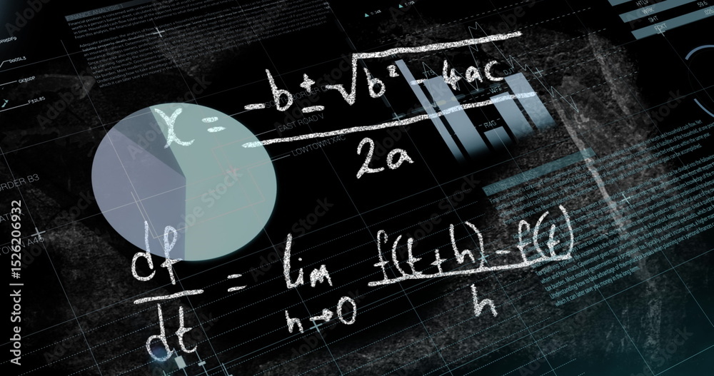 Poster image of data processing with mathematical equations on black background
