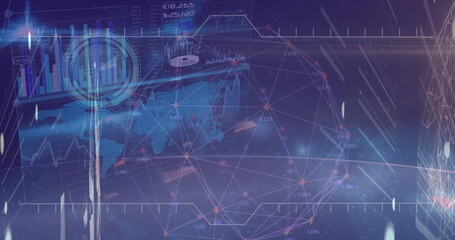 Image of data processing over globe and moving clock on black background