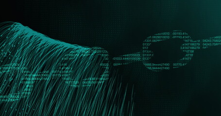 Obraz premium Flowing teal data wave moving through binary grid, with floating numbers and data ring, copy space