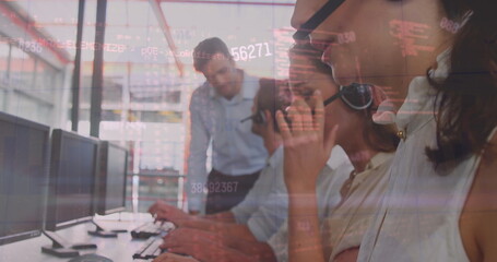 Image of financial data processing over diverse business people using phone headsets