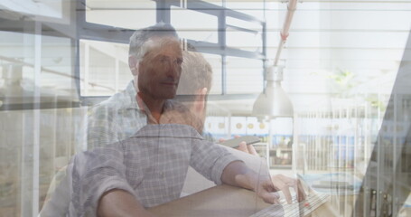 Image of caucasian businessmen in office over server room