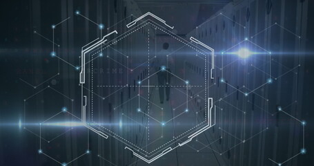 Image of moving shapes and caucasian male worker over server room