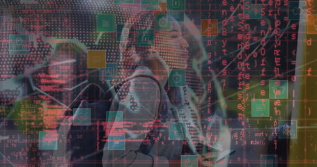 Image of financial data processing over business people using phone headsets