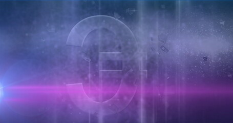 Image of pink light trail over euro symbol against grey background