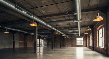 Obraz premium Industrial interior corridor with exposed pipes and ductwork