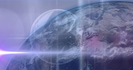 Image of purple light spots over globe against blue background