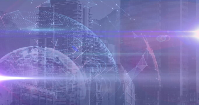 Rotating holographic globe overlaying futuristic city skyline with glowing nodes and linked lines - Powered by Adobe