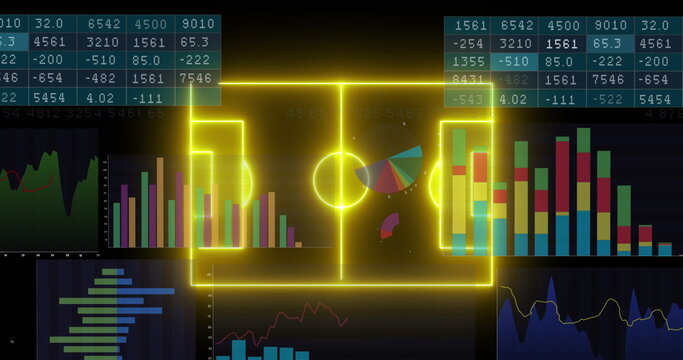 Image of neon stadium over data processing on black background