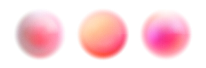 Blush pink gradation sphere with noise texture. Blurred neon rose ball with soft color transitions. Girly bubbles. Iridescent blobs. Abstract vector elements.