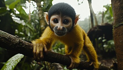 Obraz premium In the lush green Amazon rainforest, a squirrel monkey perched on a tree branch creates a striking portrait of wildlife in its natural habitat