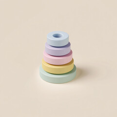 a Montessori-inspired stacking toy for toddlers, ring-based design, 3D-printed with rounded edges, pastel colors, safe for kids, isometric view, minimal product design, plain background