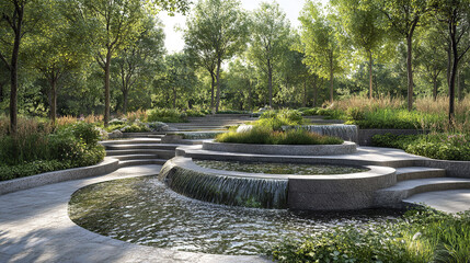 serene landscape featuring cascading water, lush greenery, and stone pathways creates tranquil