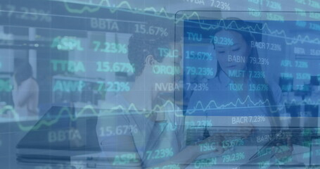 Image of stock market data processing against two diverse women discussing at office