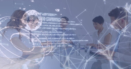 Image of infographic interface over caucasian manager discussing with coworkers in meeting